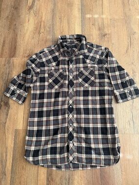 All Saints Men's Plaid Button-Down Shirt in Black, Brown & Cream